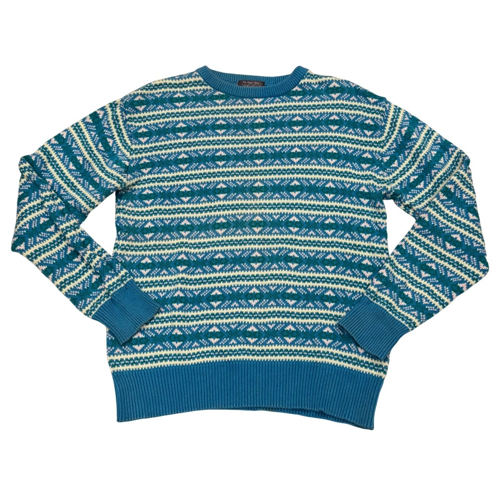 Vintage Lord & Taylor Fair Isle Crew Sweater Sz Large Blue Cotton Knit Pullover